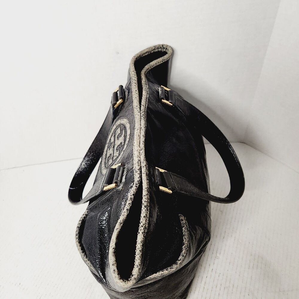 Tory Burch Black Patent Leather Snakeskin Trim Gold Hardware Shoulder Bag Tote - Picture 4 of 16